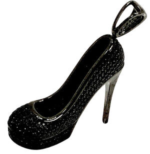 Black Stiletto High Heel Shoe Charm Paved CZ Rhinestones 925 Sterling Silver